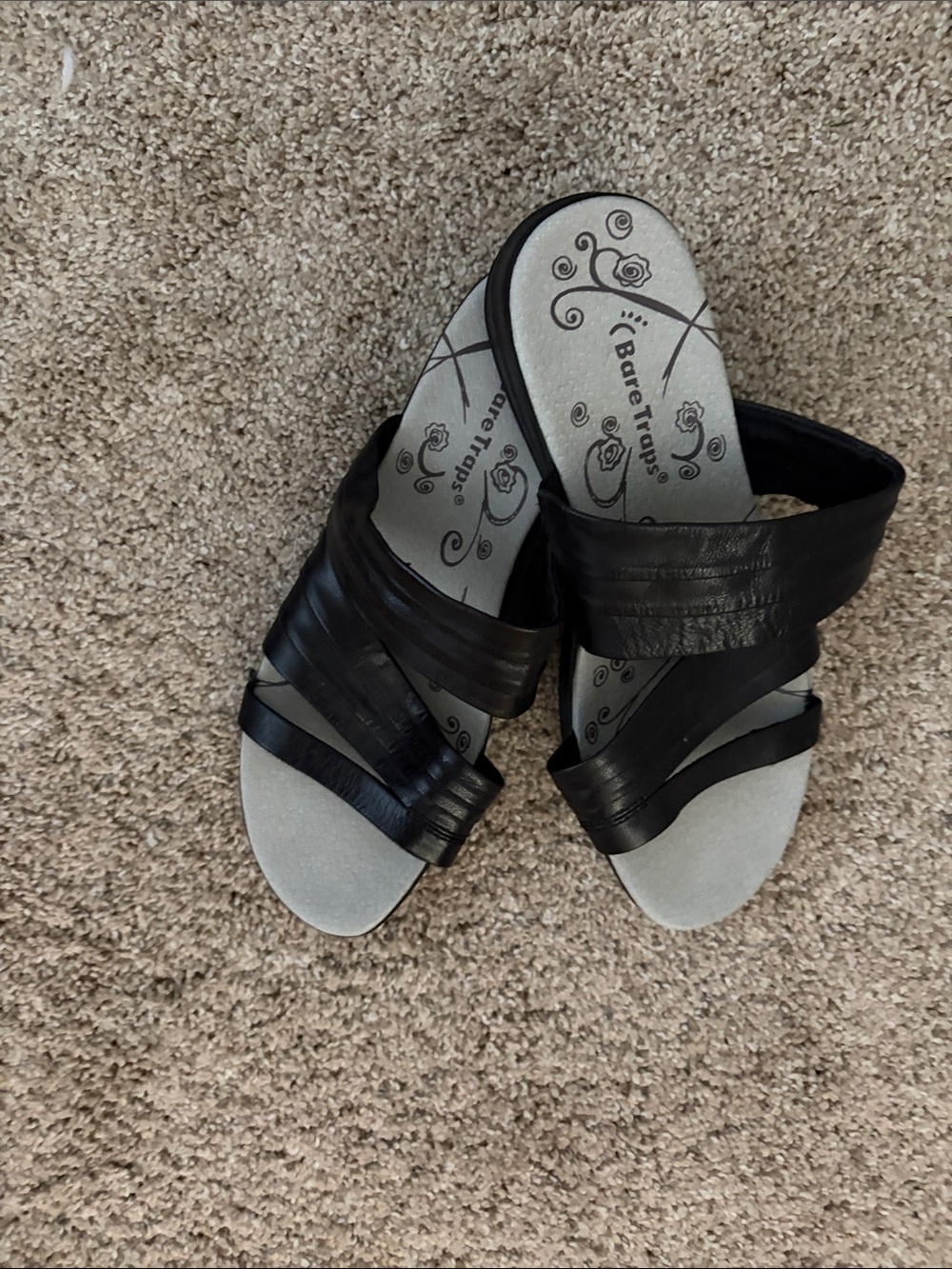 BareTraps Black Leather Strap Slide Sandals